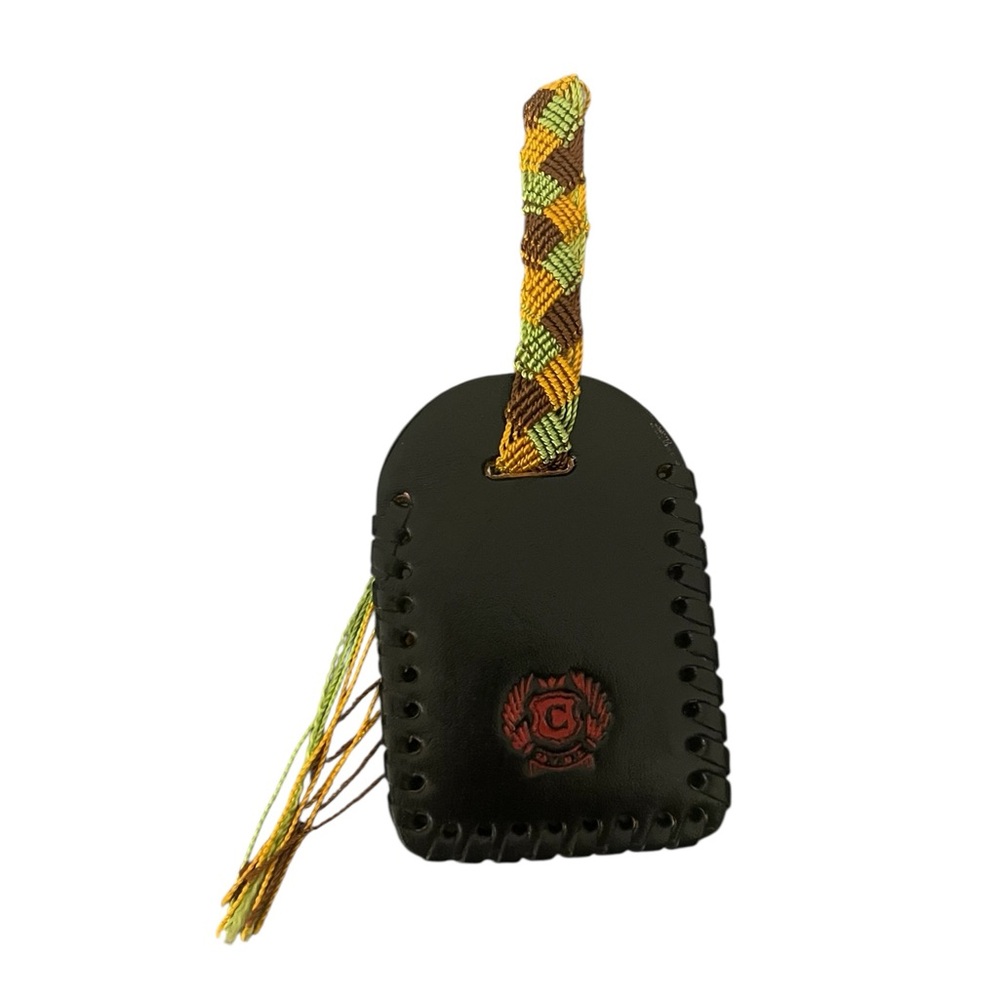 NWOT Consuela Black Leather Bag Tag Luggage Tag Friendship Bracelet Embossed